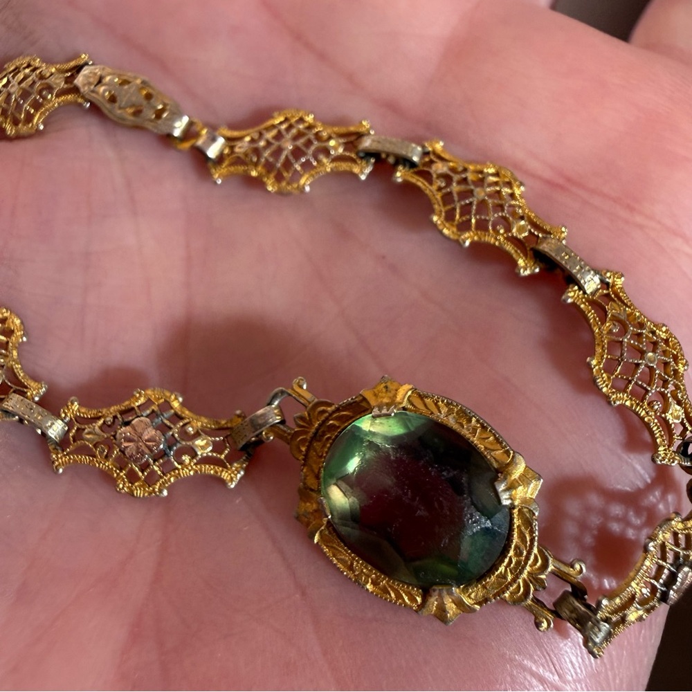 Antique Victorian Art deco Gold Filagree Green Pink iris Glass Bracelet - Picture 15 of 16